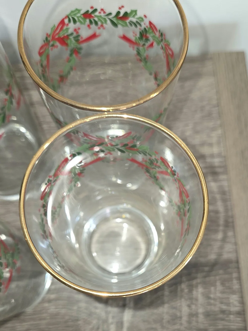 Set of 4 Vintage Libbey Irish Christmas Holly Wreath Ribbon Glasses Gold Trim SE